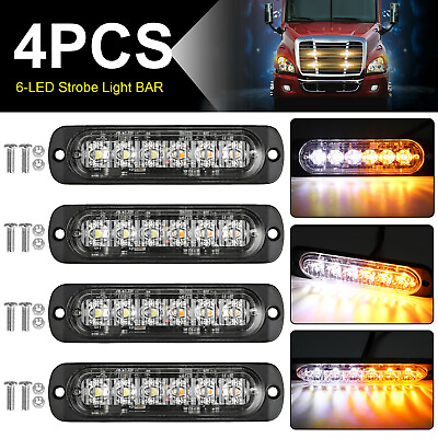 #ad 4x Amber White 6 LED Car Truck Flashing Warning Hazard Beacon Strobe Light Bar