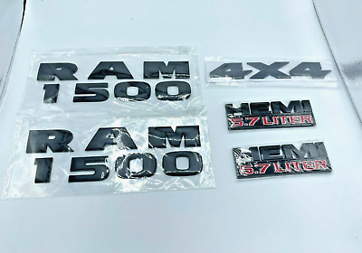 #ad Set OEM RAM 1500 4X4 Grille Tailgate 5.7 Liter HEMI Emblem Badge Black 2013 2018