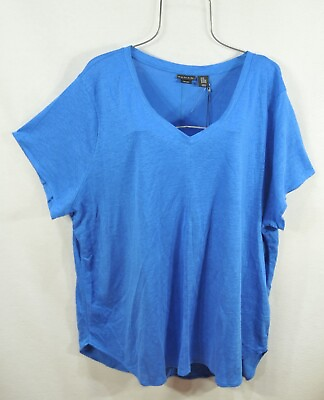 #ad TAHARI Women#x27;s Top Shirt 2X Blue 100% Linen V Neck Short Sleeve Tunic NWT