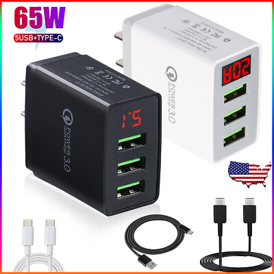 #ad 65W 5 USB Type C Fast Wall Charger PD QC3.0 Adapter Fast Charge Cable Universal