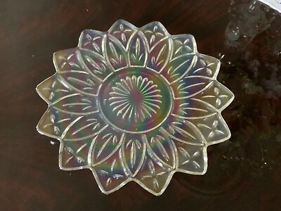#ad Vintage Federal Clear Iridescent Carnival Glass Star  Petal 9quot; Plate free ship