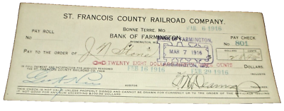 #ad 1916 ST. FRANCOIS COUNTY RAILROAD EMPLOYEE PAY CHECK #801 BONNE TERRE MISSOURI