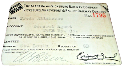 #ad 1926 ALABAMA amp; VICKSBURG VICKSBURG SHREVEPORT amp; PACIFIC EMPLOYEE PASS #1795