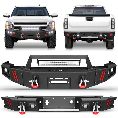 #ad Front Rear Bumper With Winch Plateamp;LED Lights For 2007 2013 Chevy Silverado 1500