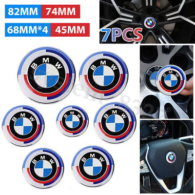 #ad 7PCS For BMW 50th Anniversary Emblem Centre Caps Badges 82mm 74mm 68mm 45mm