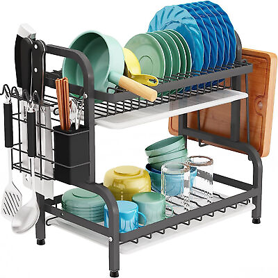 #ad #ad 2 Tier Dish Drainer Rack With Drip Tray Kitchen Drying Rack Bowl Plate Holder UK