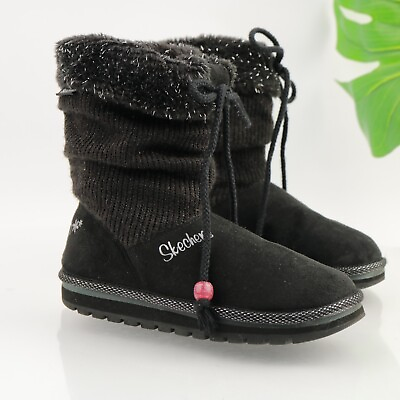 Skechers Girls Boots Size 1 Black Suede Fabric Faux Fur Memory Foam Light Shoes
