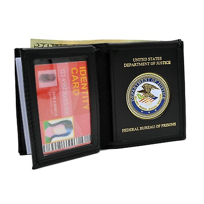 Federal Bureau of Prisons FBOP Bi fold Men#x27;s Leather Wallet Billfold Black DOJ