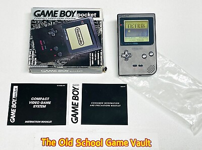 #ad Black Nintendo GameBoy Pocket Console System Complete CIB w Manual New Lens