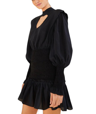 #ad Farm Rio Heart Neckline Black Mini Dress Size XS Smocked Skirt Ruffle Mock Neck