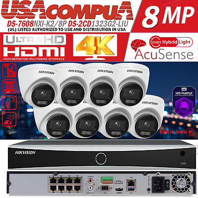 #ad Hikvision 8CH 8POE IP Camera System 4K NVR DS 2CD1323G2 LIU 2MP Hybrid Light Lot