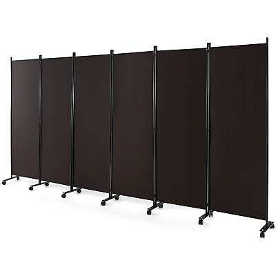 #ad 6 Panel Folding Room Divider 6FT Rolling Privacy Screen w Lockable Wheels Brown