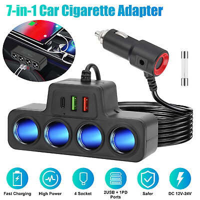 #ad 7 in 1 4Way Car Cigarette Lighter Socket Splitter Fast Charger Power Adapter 12V