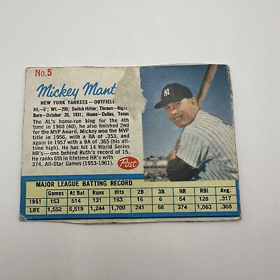 #ad #ad 1962 MICKEY MANTLE POST CEREAL #5 BASEBALL CARD Hand Cut Low Grade