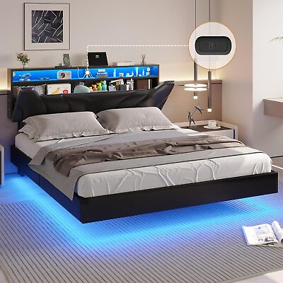 #ad Floating Bed Frame with Led Lights Upholstered Platform Hidden Storage Headboard