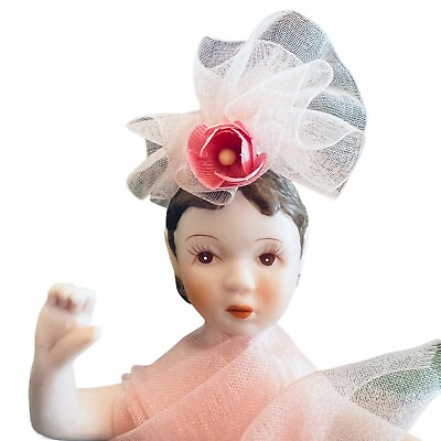 #ad Porcelain Doll Female Fashion Ballerina Fairy Pink Blue 7quot; Floral Vintage