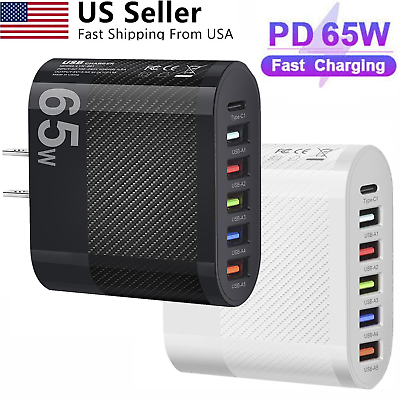 #ad 65W Fast Wall Charger PD USB C Type C QC3.1 Power Supply Adapter 6 USB Ports Hub