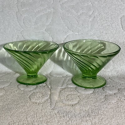 #ad #ad 2 Vintage Federal Diana Swirl Green Vaseline Glass Sherbet Dessert Cups Glow