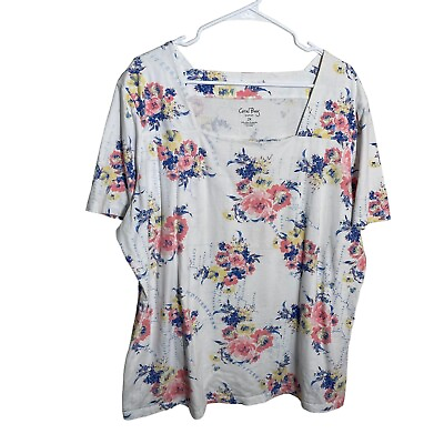 #ad Coral Bay Top Women#x27;s 2X White Colorful Floral Short Sleeve Shirt Square Neck