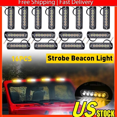 #ad 16x Amber White 6LED Truck Emergency Side Beacon Warn Hazard Flash Strobe Light