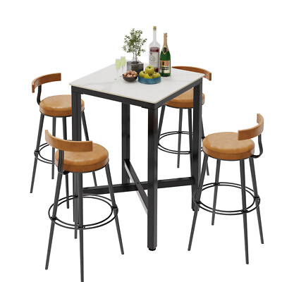 #ad Industrial Bar Tall Table Heavy Duty Marble top Dining Coffee Pub Kitchen Table
