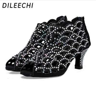 #ad female diamond Latin dance shoes square dance shoes Women black color heel shoes