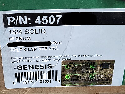 #ad Honeywell Genesis 4507 18 4C Solid Plenum Fire Alarm Cable FPLP Red 100ft