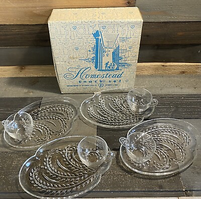 #ad Vintage 1950#x27;s Homestead Snack Set by Federal Glass Four Plates Four Cups 8pc