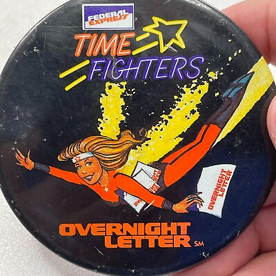 #ad Girl Airplane Federal Express TIME FIGHTERS Overnight Letter Pinback Button 251D