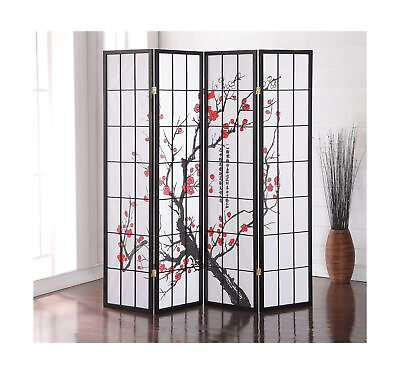 #ad Roundhill Furniture Black Japanese 4 Panel Screen Room Divider Plum Blossom 1