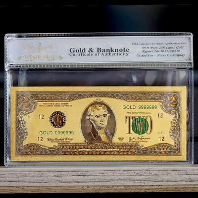 #ad 1976 $2 Two Dollar Bill Federal Reserve Banknote 100mg 24K Gold with White COA