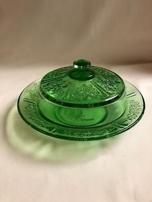 Vintage Federal Green Sharon Cabbage Rose Butter Dish amp; Lid   Depression Glass