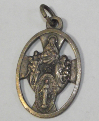 #ad Vintage ornate open work Holy Family St Christopher scapular pendant charm medal
