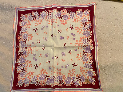 #ad Vtg Linen Handkerchief Red Pink amp; Purple Flowers Stain On One Corner See Photo
