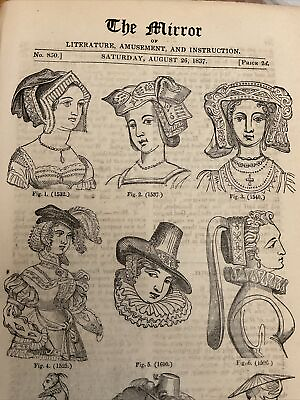 #ad Antique Print 1837 Old English Head Dress 16th 17th Centuries