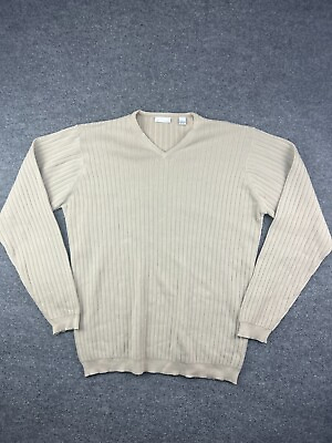 #ad Vintage Halogen Sweater Men#x27;s LL Brown Pullover V Neck Ribbed 100% Cotton