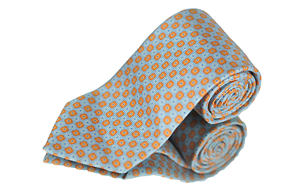 #ad Battistoni Mens Tie Ice Blue amp; Orange Geo Printed Silk Necktie 60 x 3.5