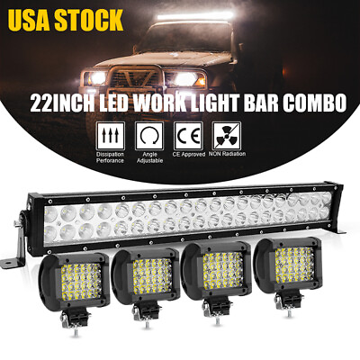 22 inch 1200W Led Light Bar Spot Flood Combo 4x 4quot; Pods For 4WD Truck SUV ATV