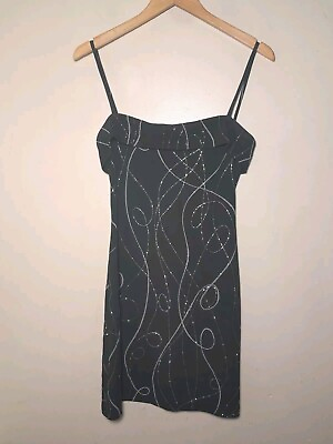 #ad 90s Little Black Mini Dress Square Neck Going Out Silver Shimmers Firm Stretch