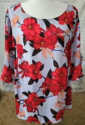 #ad 2X liz Claiborne womens top blouse blue red floral short sleeve dressy
