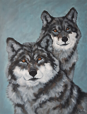 #ad Wolf Love Painting Animal Original Art Wildlife Couple Wolves Artwork 12 by 16in
