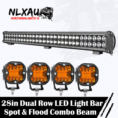 #ad #ad 28quot; LED Light Bar Dual Row Spot Flood Driving Lamp 4Pcs 3quot; Amber LED Cube Pods