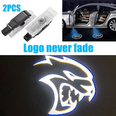 #ad 2x White Hellcat LED Car Door Ghost Laser Projector Lights For Dodge Challenger