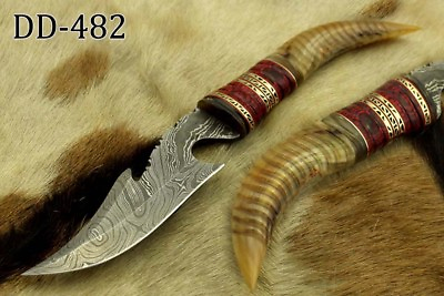 #ad 13quot; Damascus Skinning Knife Engraved Ram horn with Brass scale Leather sheath