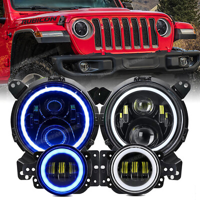 #ad Blue 9quot; LED Halo Headlights 4quot; Fog DRL Combo Kit For Jeep Wrangler JK JKU 2018