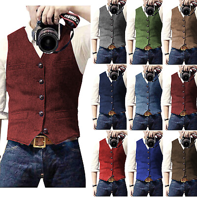 #ad #ad Mens Tweed Vest Vintage Cowboy Herringbone Groom Waistcoat S M Large XL XXL 3XL