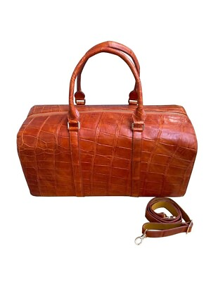 #ad crocodile alligator leather skin tan brown duffle bag Travel Luggage Sport bag