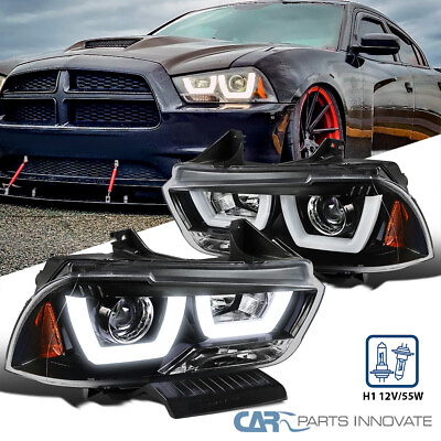 #ad Pearl Black Fit 2011 2014 Dodge Charger Halo LED Tube Projector Headlights 11 14
