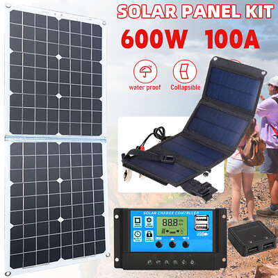 #ad 600W 100W Solar Panel Folding Power Bank Outdoor Camping Hiking Phone Charger US