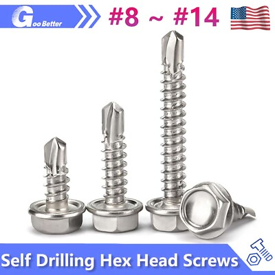 #ad #8 #14 Stainless Steel 410 Hex Washer Head Self Drilling Sheet Metal Tek Screws